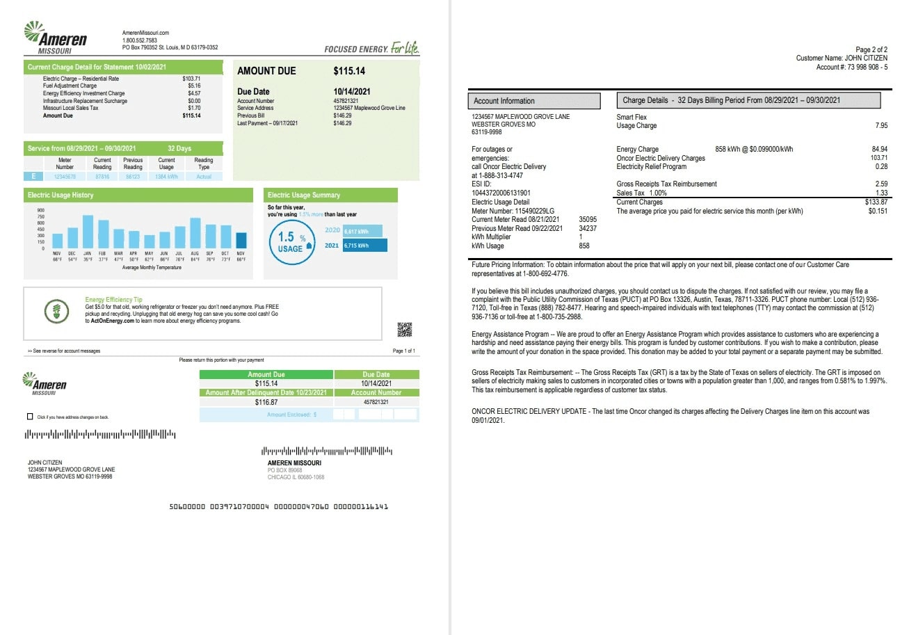 USA Ameren Missouri electricity utility bill template in Word and PDF format (2 pages)